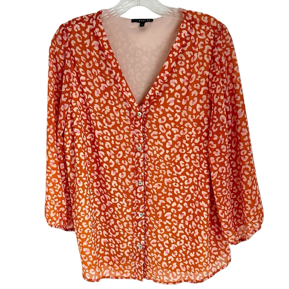 West Kei Coleton Orange and White Print Button Down Blouse Size Large